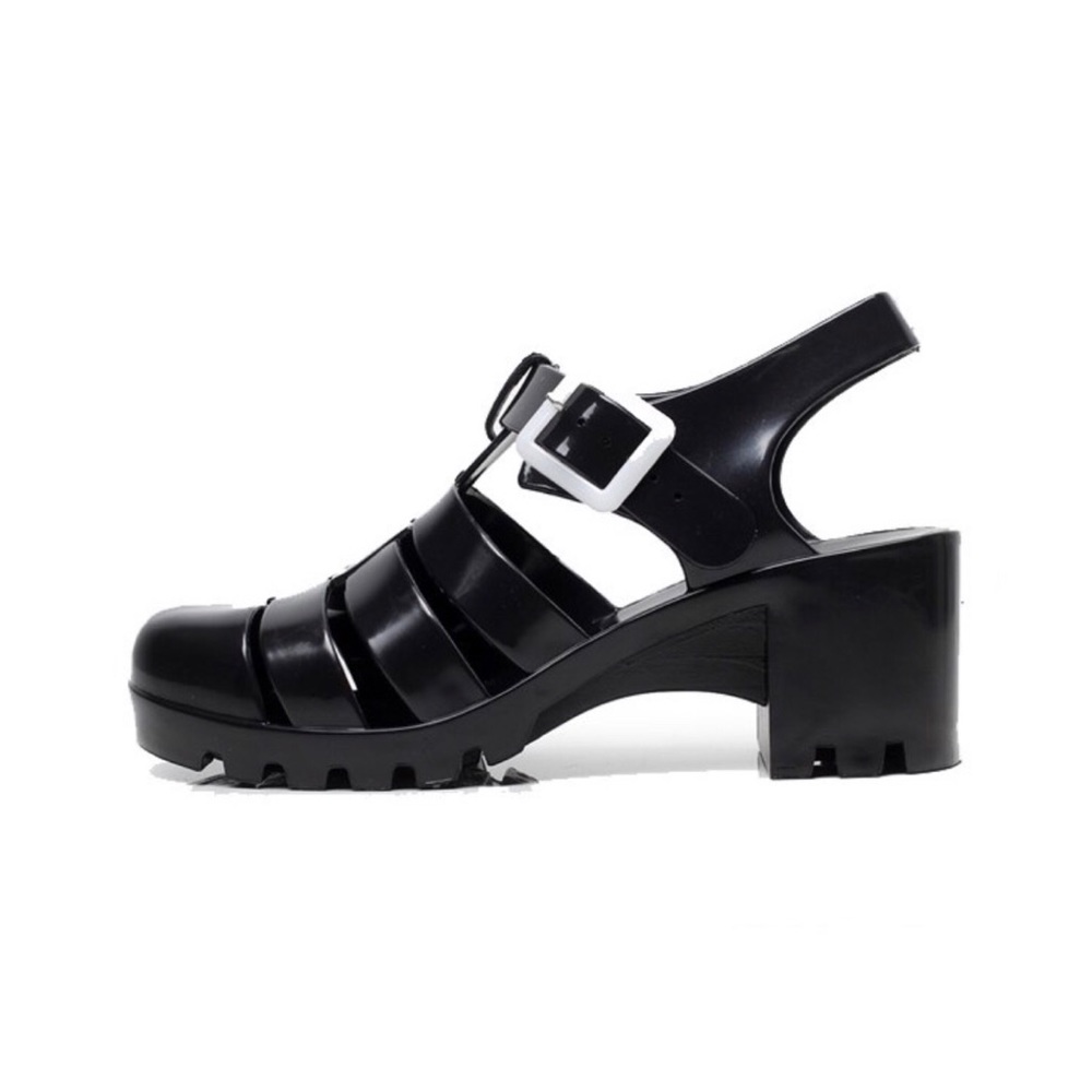 Black Chunky Heeled Jelly Sandals with Buckle Detail